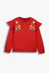Girls Red Fleece Sweatshirt with Floral Embroidery & Ruffle Shoulders